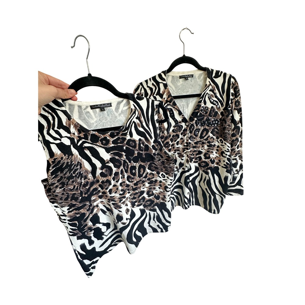 Pierri New York Womens Animal Print 2 Piece Sweater Set Cardigan Shell Large